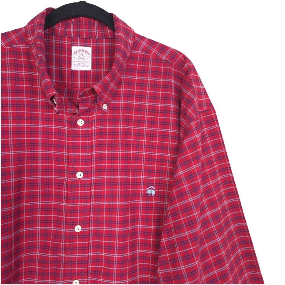 BROOKS BROTHERS 346 Men's Shirt XXL‎ Plaid Check Red SUPIMA COTTON Logo Non Iron